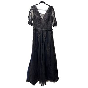 Elegant Black Formal Dress Lace Applique‎ Evening Gown Party Maxi Size Large